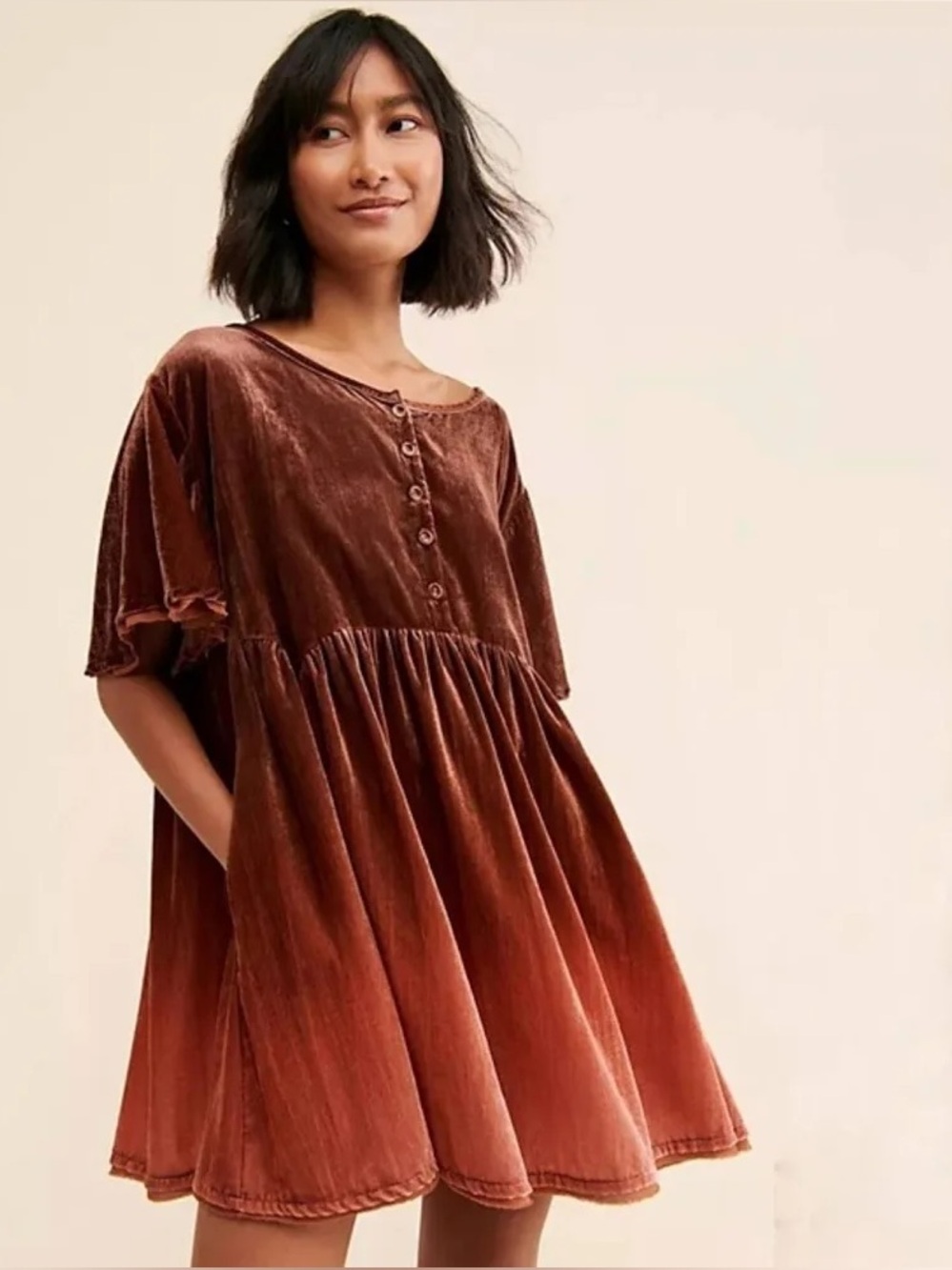 Free People Velvet Mini Dress in Burnt Copper